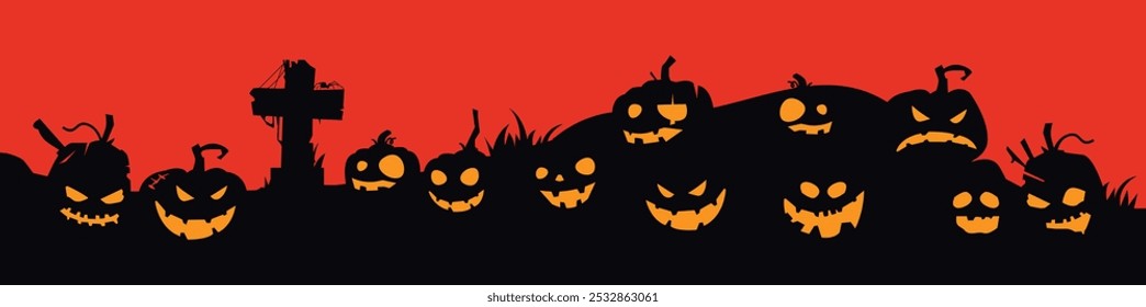 Halloween atmosphere illustration with pumpkin graveyard background and red sky	
