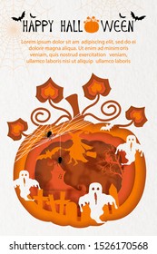 Halloween atmosphere in a pumpkin with design of Happy Halloween lettering and example texts on paper pattern background. Halloween card in vector design and paper cut style.