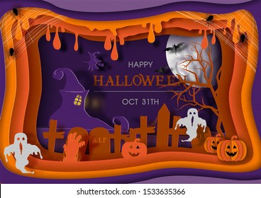 Halloween atmosphere with scary ghosts and Jack o'lanterns pumpkins in a photo frame and paper cut design on Happy Halloween lettering and paper pattern background.