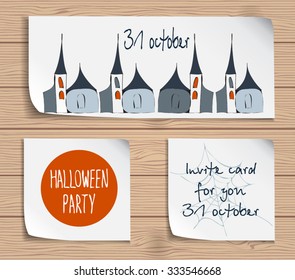 Halloween attribute set with stylized funny mystical sketched castle.Festive design elements for invitation cards,banner,sheets,stickers and poster.lettering design.Template for halloween night party 