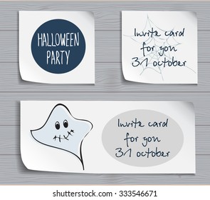 Halloween attribute set with stylized funny sketched ghost. Festive design elements for invitation cards, banner, sheets, stickers and poster.lettering design.Template for halloween night party 
