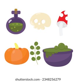 Halloween attributes in cartoon style attributes is isolated on a white background. Fly agaric, bottles, skull, orange pumpkin, cauldron and plant leaves.