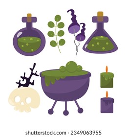 Halloween attributes in cartoon style attributes is isolated on a white background. Mushroom pale toadstools, coats or potions in bottles, skull, cauldron, candles, dry branch and leaves of the plant.