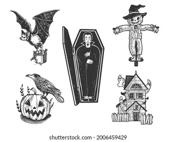 Halloween attributes collection set line art sketch engraving vector illustration. T-shirt apparel print design. Scratch board imitation. Black and white hand drawn image.