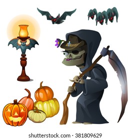 Halloween attributes. Fashionable grim Reaper. Ripe pumpkins and Jack-o-lanterns. Vector illustration.