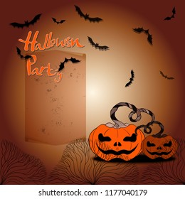 Halloween. Attributes of the holiday -  pumpkins, bats, flowers, silhouettes of trees. Vector Image.  Use printed materials, signs, items, websites, maps, posters, postcards.