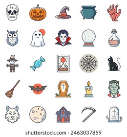 Halloween and attributes icons set, Included icons as pumpkin, witch, vampire, skeleton and more symbols collection, logo isolated vector illustration