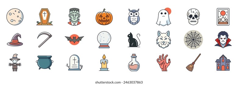 Halloween and attributes icons set, Included icons as pumpkin, witch, vampire, skeleton and more symbols collection, logo isolated vector illustration