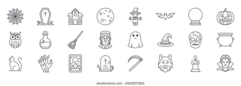 Halloween and attributes icons set, Included icons as pumpkin, witch, vampire, skeleton and more symbols collection, logo isolated vector illustration