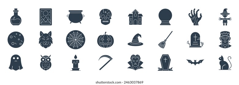 Halloween and attributes icons set, Included icons as pumpkin, witch, vampire, skeleton and more symbols collection, logo isolated vector illustration