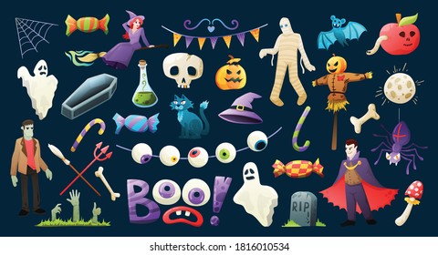 Halloween attributes scary colorful  collection with skull mask coffin bones spook ghost witch black background vector illustration 