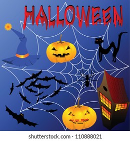 Halloween attributes set: caption; pumpkin, hat,  spider, cobweb, bats, cat and house. Vector illustration.