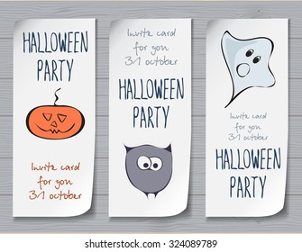 Halloween attributes with stylized funny sketched pumpkin, owl and ghost. Festive design for invitation cards, banner, sheets, stickers and poster. lettering design. festive halloween elements