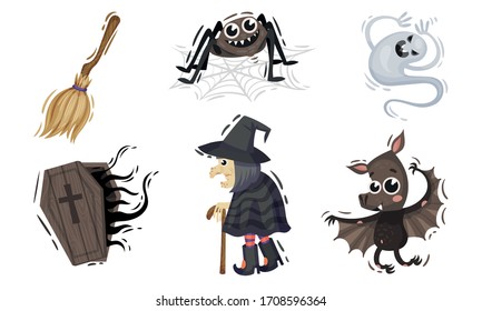 Halloween Attributes and Symbols with Witch and Flying Ghost Vector Set