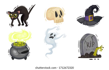 Halloween Attributes and Symbols with Witch Hat and Flying Ghost Vector Set
