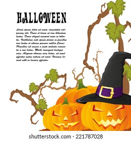 Halloween autumn background with three pumpkins isoalted on white, vector illustration