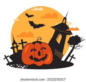 Banner de outono de Halloween ou fundo de cartão com jack-o-lantern monstro. Design decorativo de pôster de Halloween, ilustração de vetor plana.