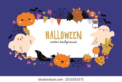Halloween, autumn card design, background. Cute funny pumpkins, ghosts, bats and spiders frame for festive October holiday party, Helloween, Trick or Treat. Kids childish flat vector illustration.