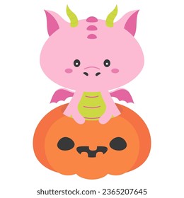 halloween autumn card with dragon and pumpkin, cartoon magic vector illustration of cute little symbol of new year