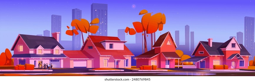 Halloween autumn city street with house in evening cartoon vector. Decorated neighborhood in town and happy children in costume near home. Cozy suburban area banner concept with party exterior and