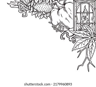 Halloween autumn corner decor with pumpkin and leaves. Happy halloween composition for poster design. Festive invitation and postcard
