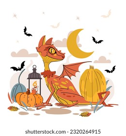 Halloween autumn dragon with pumpkins, lantern and bat isolated on white background. The symbol of the year. Vector illustration cartoon magic creature character