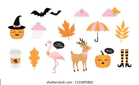 Halloween. Autumn, Fall. Cute vector set. Deer, pumpkins, flamingo, leaves, coffee and clouds. Jack o lantern