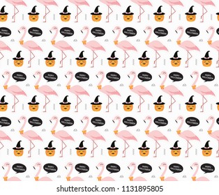 Halloween. Autumn, Fall. Cute vector seamless pattern with flamingos, leaves, pumpkins and geometric details. All elements are  hidden under mask. Pattern are not cropped and can be edited.