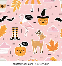 Halloween. Autumn, Fall. Cute vector seamless pattern with flamingo, deer, leaves, pumpkins and geometric details. All elements are  hidden under mask. Pattern are not cropped and can be edited.