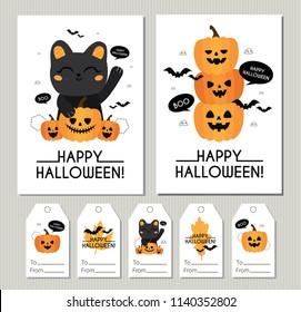 Halloween. Autumn, Fall. Cute vector cards with black cat, pumpkins and geometric details. Jack o lantern. Gift tags. Cute labels.