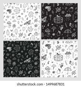Halloween. Autumn, Fall. Cute vector seamless patterns with  leaves, pumpkins and geometric details. All elements are  hidden under mask. Patterns are not cropped and can be edited