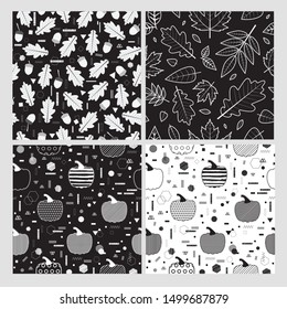 Halloween. Autumn, Fall. Cute vector seamless patterns with  leaves, pumpkins and geometric details. All elements are  hidden under mask. Patterns are not cropped and can be edited