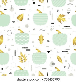 Halloween. Autumn, Fall. Cute vector seamless pattern with  golden leaves, blue pumpkins and geometric details. All elements are  hidden under mask. Pattern are not cropped and can be edited