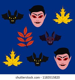 Halloween Autumn Fall Leaves Mask Dracula Bat Vector