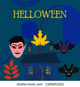 Halloween Autumn Fall Leaves Mask Dracula Bat Vector