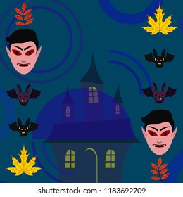 Halloween Autumn Fall Leaves Mask Dracula Bat Vector