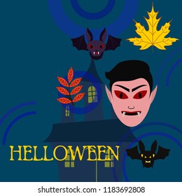 Halloween Autumn Fall Leaves Mask Dracula Bat Vector
