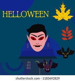 Halloween Autumn Fall Leaves Mask Dracula Bat Vector