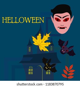 Halloween Autumn Fall Leaves Mask Dracula Bat Vector