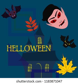 Halloween Autumn Fall Leaves Mask Dracula Bat Vector