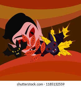 Halloween Autumn Fall Leaves Mask Dracula Bat Vector