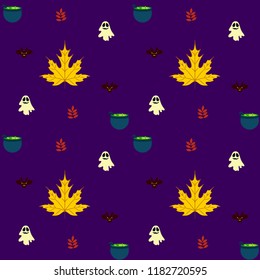 Halloween autumn fallen leaves cauldron witch bat spirit vector