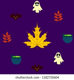 Halloween autumn fallen leaves cauldron witch bat spirit vector