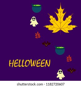 Halloween autumn fallen leaves cauldron witch bat spirit vector