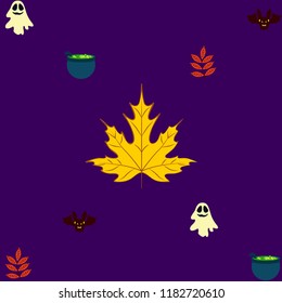 Halloween autumn fallen leaves cauldron witch bat spirit vector