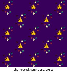 Halloween autumn fallen leaves cauldron witch bat spirit vector