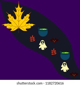 Halloween autumn fallen leaves cauldron witch bat spirit vector