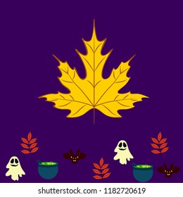 Halloween autumn fallen leaves cauldron witch bat spirit vector