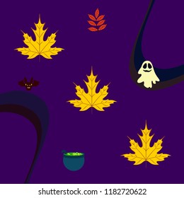 Halloween autumn fallen leaves cauldron witch bat spirit vector