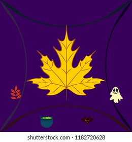 Halloween autumn fallen leaves cauldron witch bat spirit vector